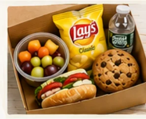 Box lunch with fruit, chips and cookie