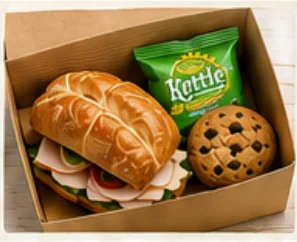 Box lunch with roll sandwich, chips and cookie
