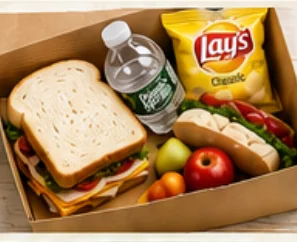 Box lunch with sandwich, water and fruit
